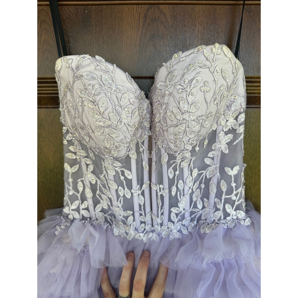 Alyce Paris Lilac Tulle Ruffle Ball Prom Gown Strapless Lace Corset Dress SZ 0 - Picture 4 of 12